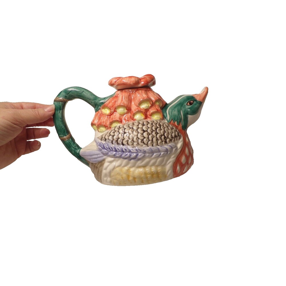 Vintage 1990's WCL 32oz. Goose Teapot Hand-painted with Flower Lid; Peach Green